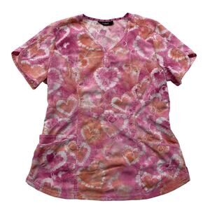 Heartsoul Embroidered Tie Dye Hearts Women's Scrub Top Size Medium